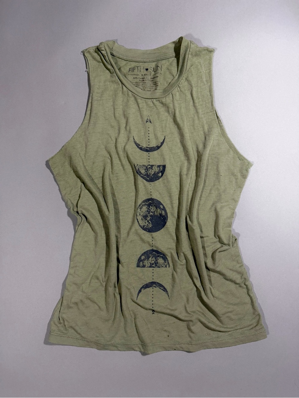 Fifth Sun Sage Green Moon Phase Muscle Tank with Navy Graphic